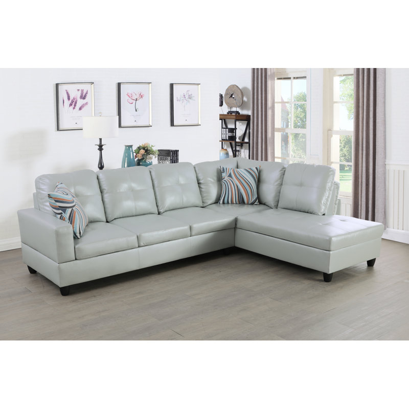 Chezkel Faux Leather L-Shaped Sectional Left Hand Facing, Silver White Faux leather, Right Hand Facing