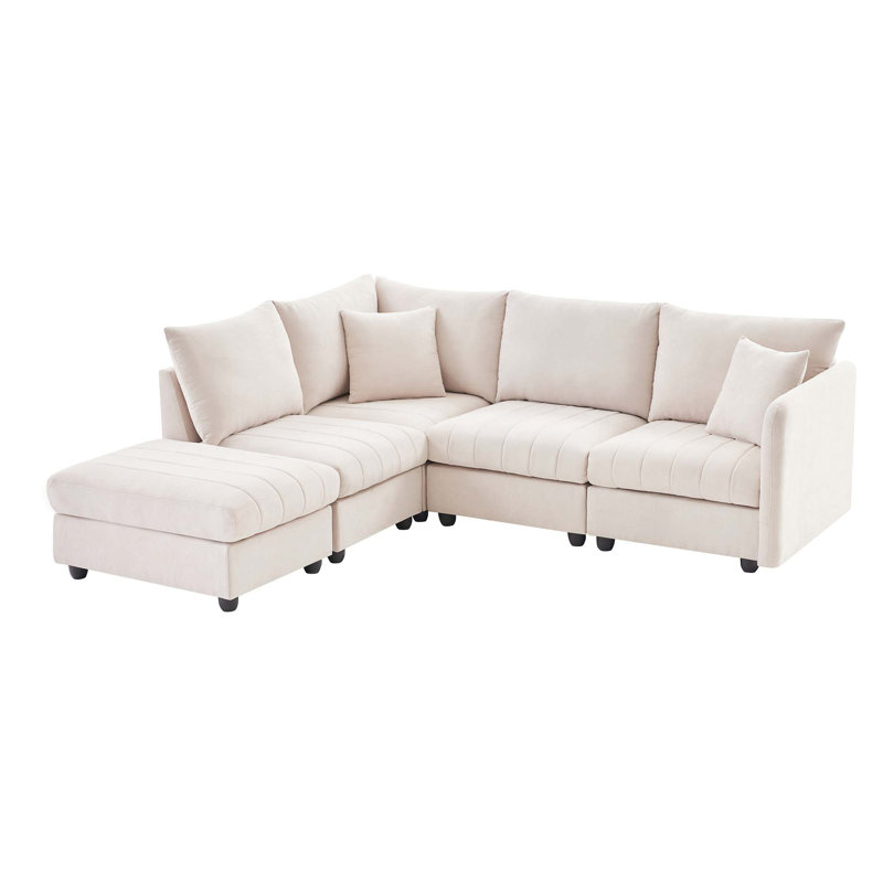 Canapé modulaire moderne en L à 5 places avec rayures verticales, 2 coussins et repose-pieds convertible