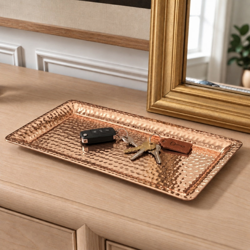Hand Hammered Metal Decorative Vanity Serving Tray, 16" W x 8" D x 1.75" H, Copper