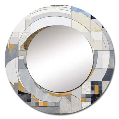 Grey and Yellow Mosaic III - Abstract Shapes Decorative Mirror, Modern Round Wall Mirror, Printed Metal Art