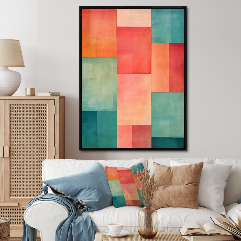 Coral Cubes Melody Shapes II - Abstract Shapes Canvas Art Print, Cadre flottant noir, H 32 po x l 16 po x P 1 po
