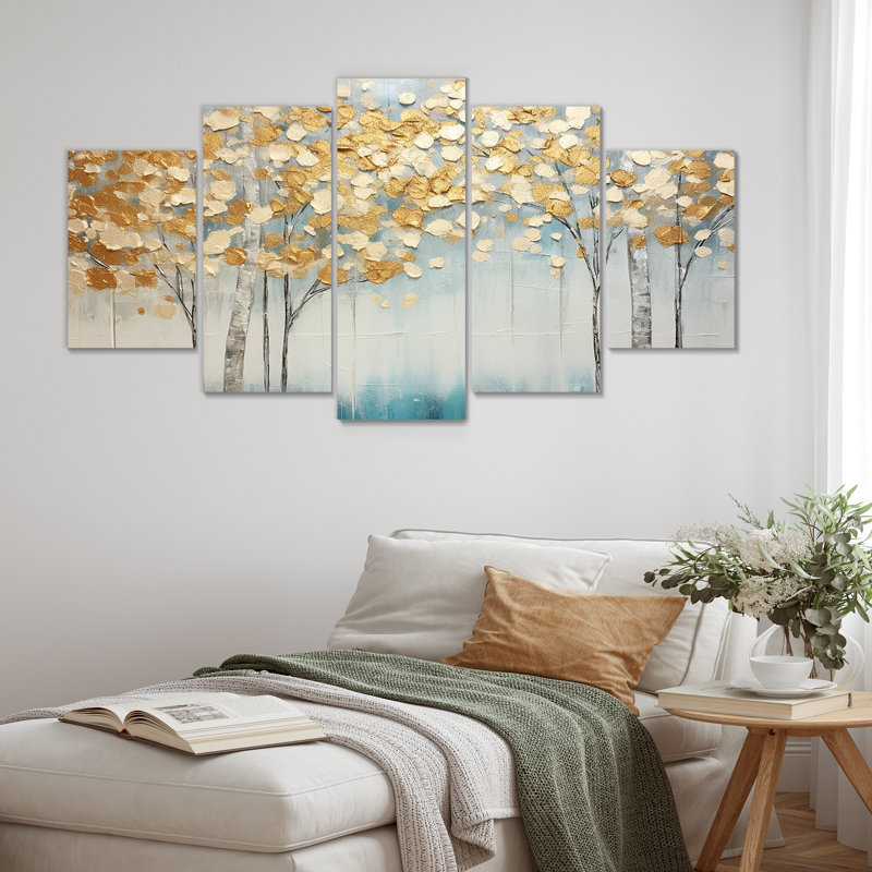 Serene Birch Trees Silver Autumn - Tree Birch, art mural 5 pièces, H 32 po x l 60 po