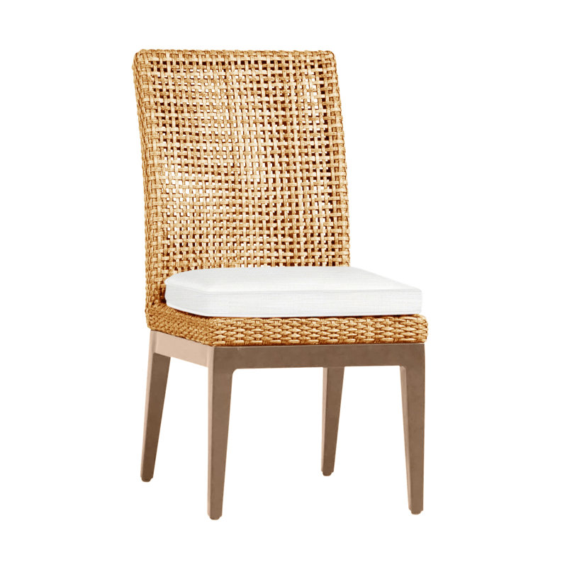Peninsula Patio Dining Side Chair with Cushions, Rollo Lace InsideOut® Linen, Welt, Raffia/Sandalwood