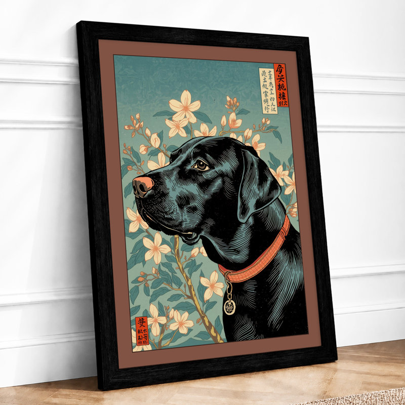 Japanese Portrait with Florals Japandi - Framed Print, Black, A3 - 42.0 x 29.7 cm
