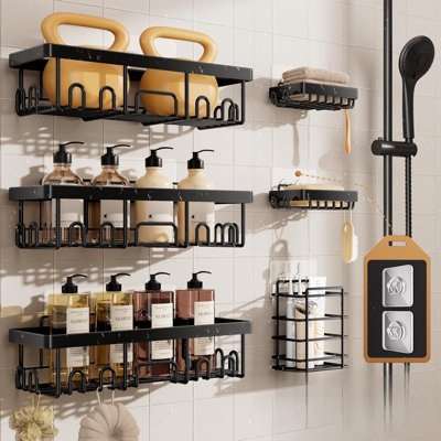 Anti-Rust And Waterproof Shower Stand 6-Piece Set, No Need For Drilling, Pasted Shelf, With Soap Rack, Large Capacity Bathroom Storage And Storage, Wall-Mounted Kitchen And Home Decoration