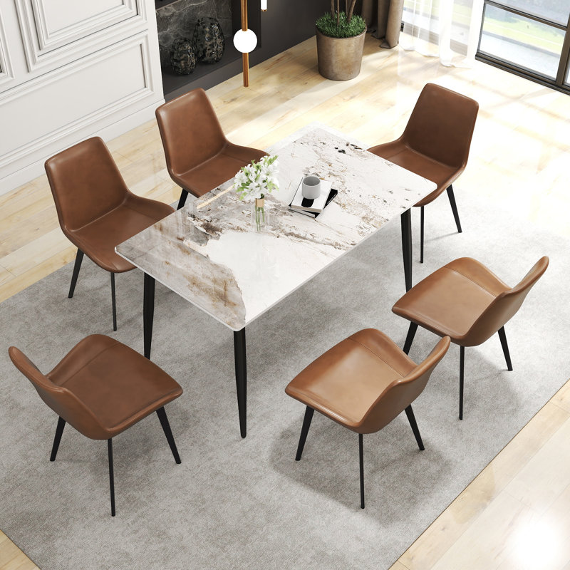 Juvan 7-Piece Modern Rectangular Sintered Stone Dining Table Set With 6 Faux Leather Chairs, Brown, Pandora