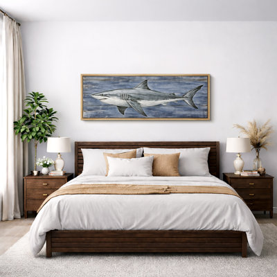 Gray Shark on Blue Coastal Nautical Marine Wall Decor Extra Large Pictures Framed Canvas Print Wall Art