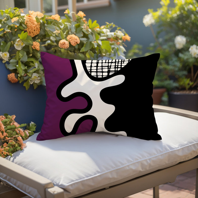 Oreiller rectangulaire réversible intérieur / extérieur Vido, H 14 po x l 20 po, Mauve / noir / blanc cassé