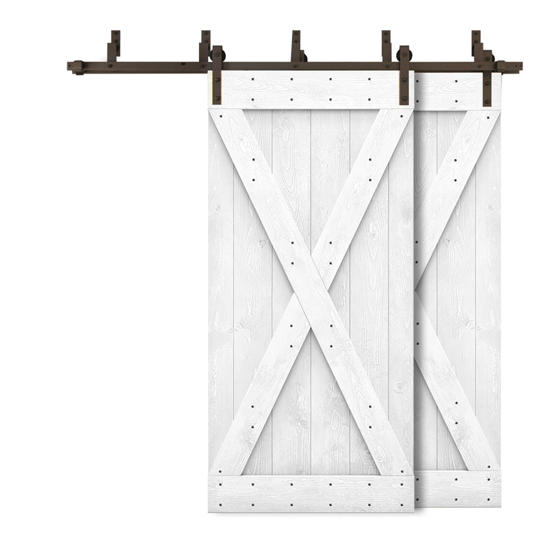 Porte de grange double à panneaux en bois teinté à panneau avec ensemble de quincaillerie coulissante, Blanc, 56 po x 84 po