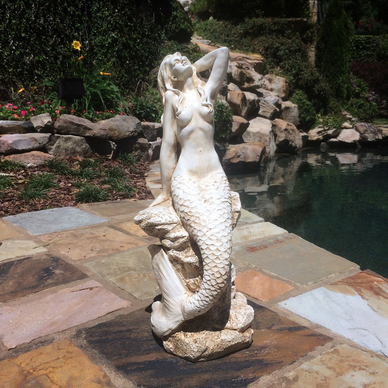 Statue de sirène sur la côte, H 20 po x l 8 po x P 9 po, Blanc antique
