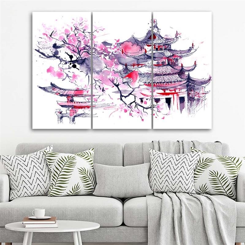 3-tlg. Leinwandbilder-Set Pagoda and Cherry Blossom