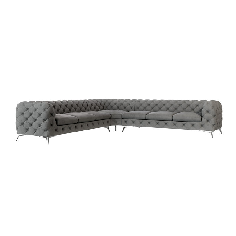 L-shape Corner Chesterfield Sofa  with Silver Metal Legs, Grey