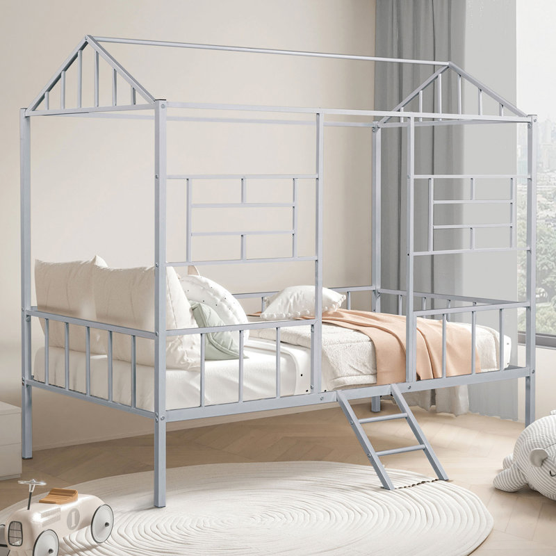 Lit superposé simple avec style contemporain, conception de maison, structure entièrement métallique, angle et argent pour la construction de la chambre à coucher, mise à niveau du mobilier de finition