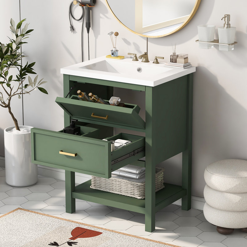  Bathroom Vanity with Sink, Freestanding Cabinet with 2 Drawers, Modern Compact Storage Unit, Vert