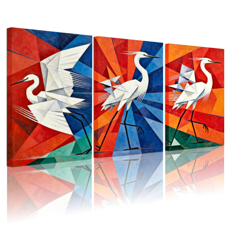 Ensemble de 3 tableaux abstraits géométriques sur toile tendue, représentant des grues, pour la décoration du salon, de la chambre et de la maison.