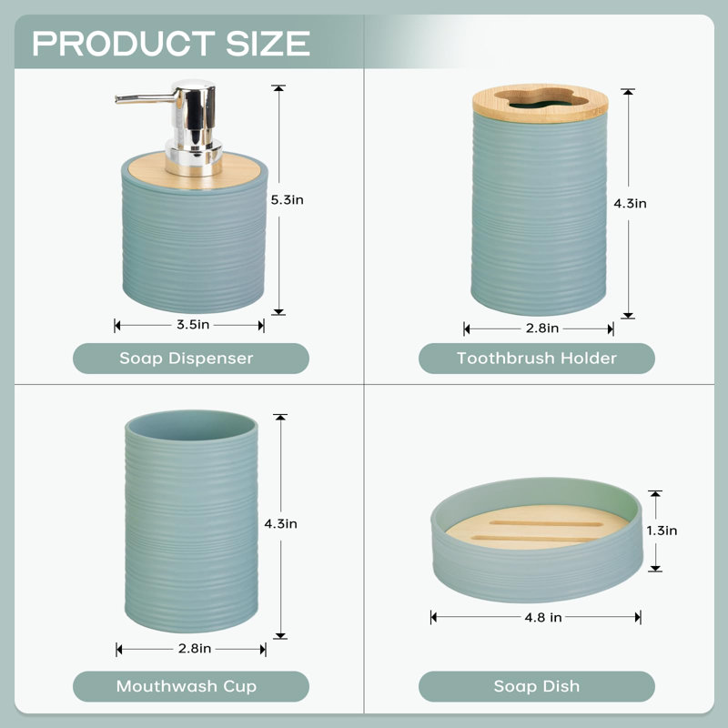 Ensemble de 4 accessoires de salle de bain en bambou, ensemble d'accessoires de salle de bain avec distributeur de savon et porte-brosse à dents, porte-savon et coupelle à brosse à dents (turquoise)
