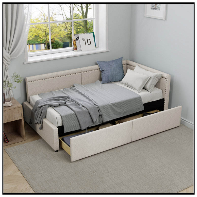 Modern Style Twin Size L Shape Corner Bed, Linen Upholstered Daybed With Two Storage Drawers For Space Efficiency, Beige