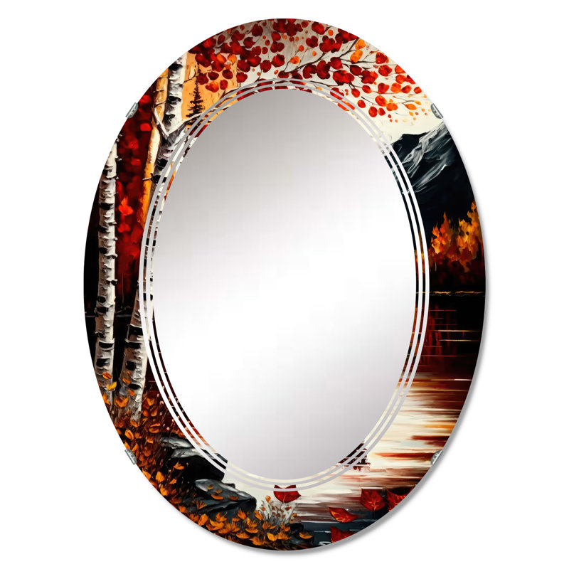 Bouleau orange Quintia au bord du lac - miroir mural paysage lac, 30 po x 20 po
