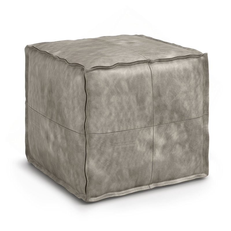 Square Pouf Ottoman in Faux Leather, Gray
