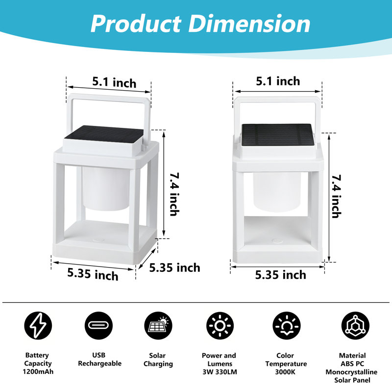 Ensemble de 1 lanterne solaire rechargeable USB à DEL pour l'extérieur, commande tactile étanche IP44 pour patio, Blanc
