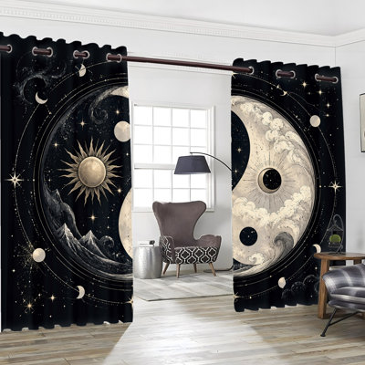 2PCS Grommet Top Blackout Window Curtains, Mystical Sun Moon Cosmic Celestial Printed Drapes, Thermal Insulated, Noise Reducing, Privacy Protection, Room Darkening Decorative Window Coverings for Bedroom Living Dorm Home Decor