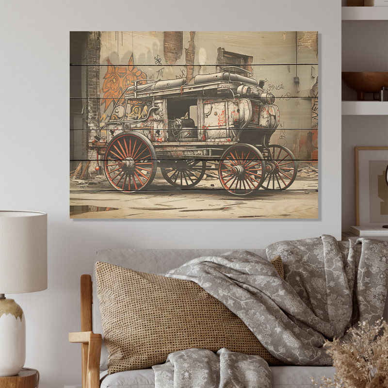 Street Art Vintage Carriage Cart - Old American Cart Wood Art On Natural Pine Wood, 10" H x 20" W