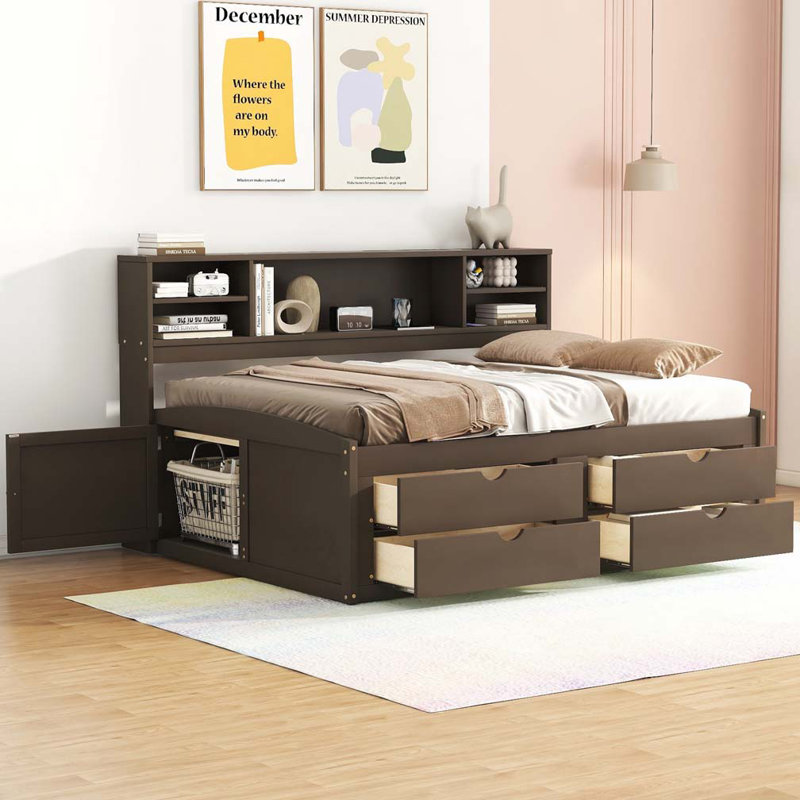 Wood Daybed with 2 Bedside Cabinets, Upper Shelves and 4 Drawers, Antique Brown