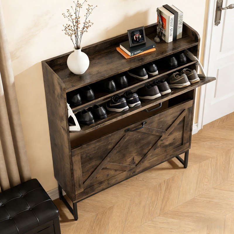 Slim Shoe Cabinet With 2 Flip-Down Drawers, Brown
