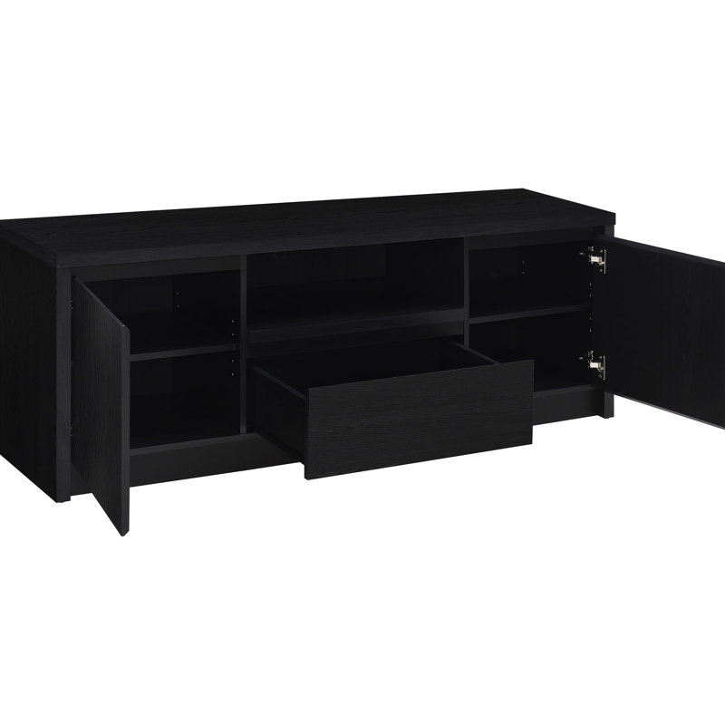 Élégante console média noire avec 2 portes, 2 tiroirs et une tablette ouverte pour les téléviseurs de 60 à 69 pouces, un meuble télé moderne idéal pour les petits espaces