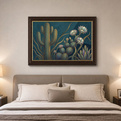 Toile dorée avec cactus et plantes grasses sur toile bleu sarcelle
