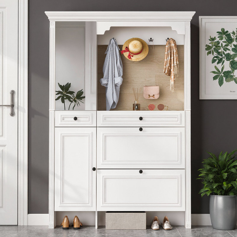 Arbre d'entrée - armoire à chaussures 4 en 1, miroir, portemanteau et banc