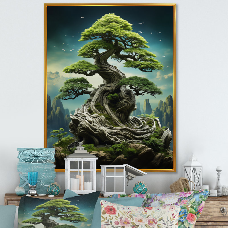 Art asiatique, sagesse bonsaï II, H 40 po x l 30 po x P 1,5 po, Toile avec cadre flottant or