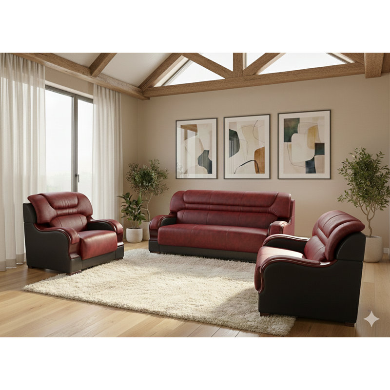 Ensemble de salon en cuir véritable 3 pièces Shamina, Cuir véritable rouge