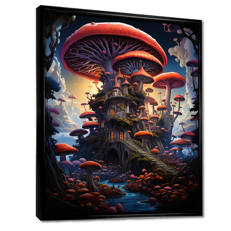 Champignon, forêt magique, ville, paysage abstrait, art mural, salon, Cadre flottant noir, H 40 po x l 30 po