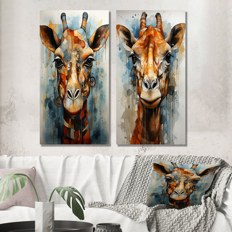 Girafe moderne - ensemble de 2 reproductions d'art en métal, H 28 po x l 24 po