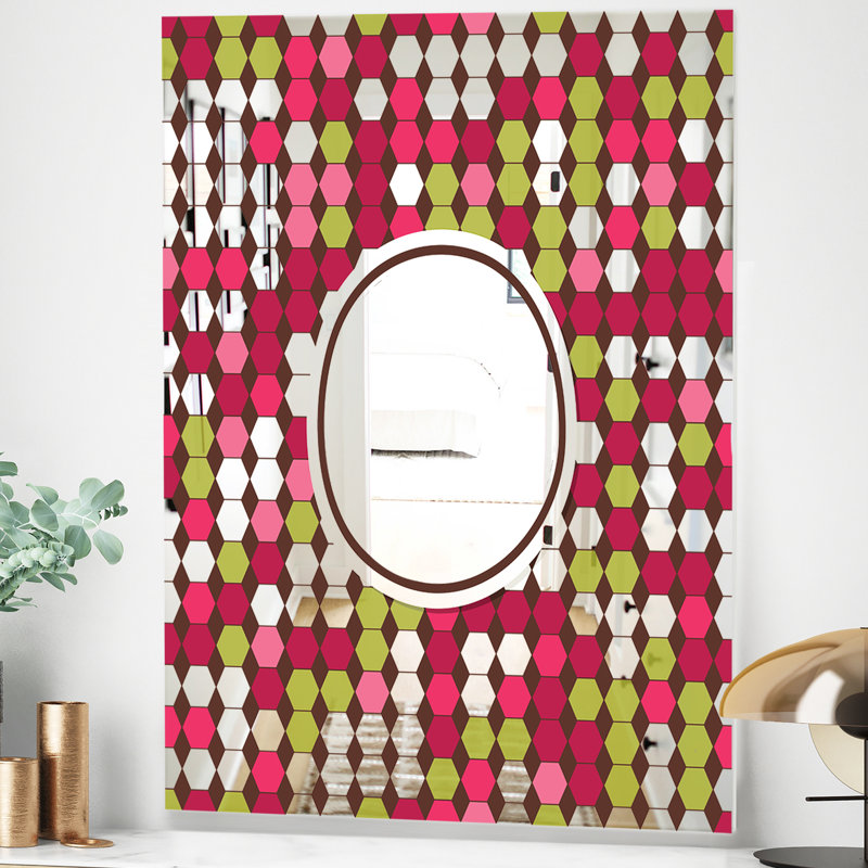 Hexagones roses et vertes - Miroir Mid-Century - Miroir mural, H 39,4 po x l 29,5 po x P 0,24 po