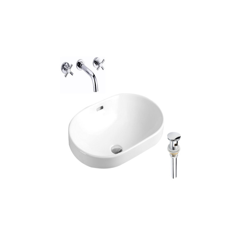 Lavabo de salle de bain vasque ovale semi-encastré en céramique blanche avec robinet et trop-plein