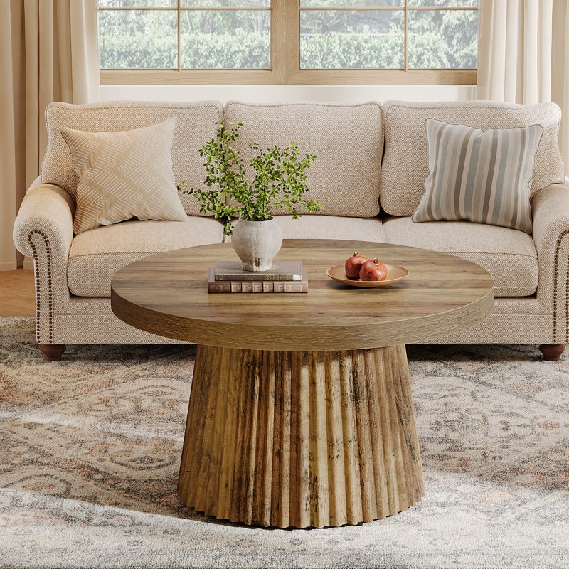 31.5" Round Coffee Table, Fluted Center Table with Drum Base, Farmhouse Accent Tea Table for Living Room, Apartment, Brown
