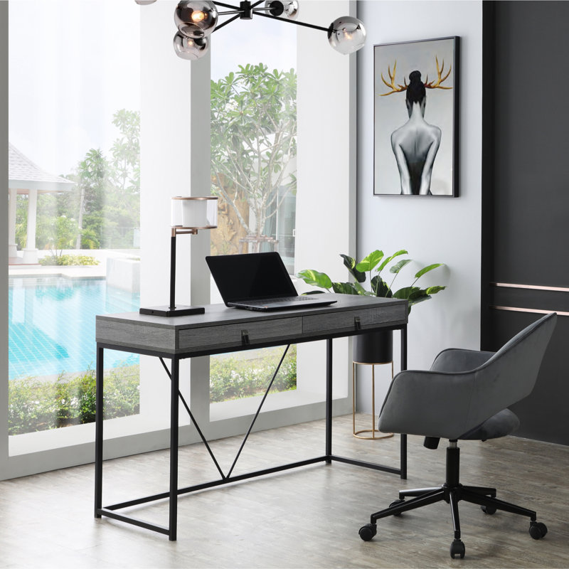 Bureau avec 2 tiroirs de rangement et poignées en cuir, Gris / noir