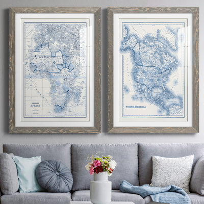 «Afrique en nuances de bleu», ensemble de 2 reproductions d'art sur toile encadrées