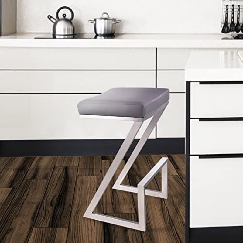 Bova Modern Backless Counter or Bar Height Barstool with Footrest in Metal and Faux Leather, Gray/Chrome