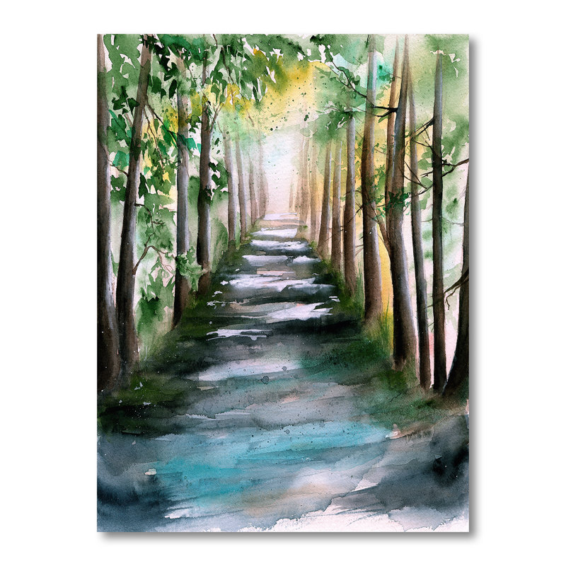Une allée de forêt ensoleillée avec des ombres d'arbre - peinture sur toile, Toile tendue, H 20 po x l 12 po