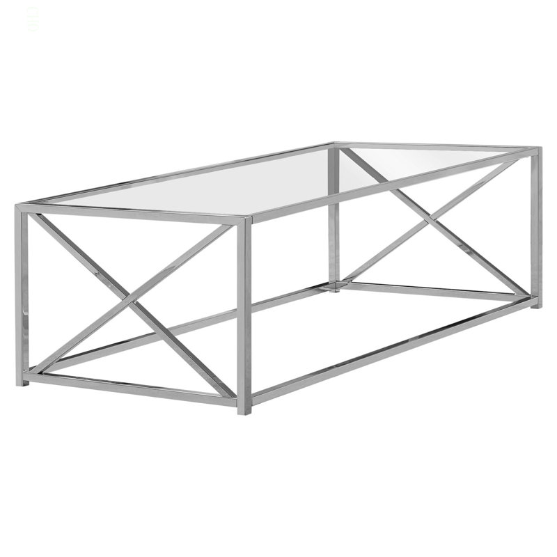 Table basse, accent, cocktail, rectangulaire, salon, L 44 po, verre trempé transparent, métal chromé, contemporain, moderne