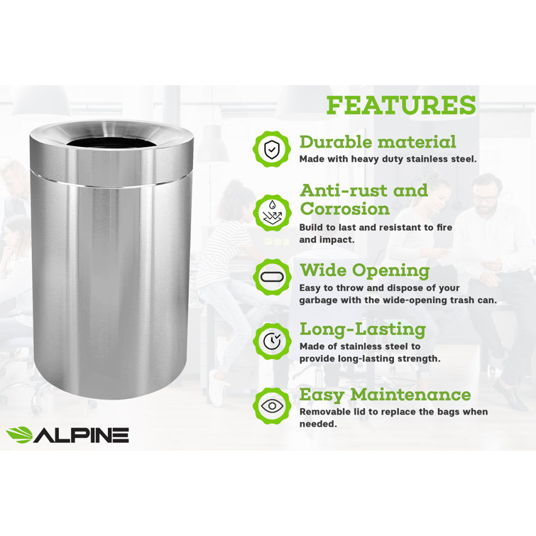 Alpine Stainless Steel Trash Can 10.5 Gallon Stainless Steel