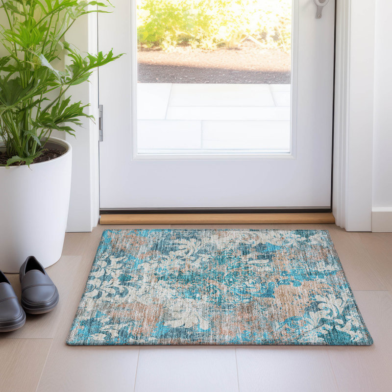 Tapis bleu sarcelle lavable à la machine Premium Prisco, Rectangle 1 pi 8 po x 2 pi 6 po