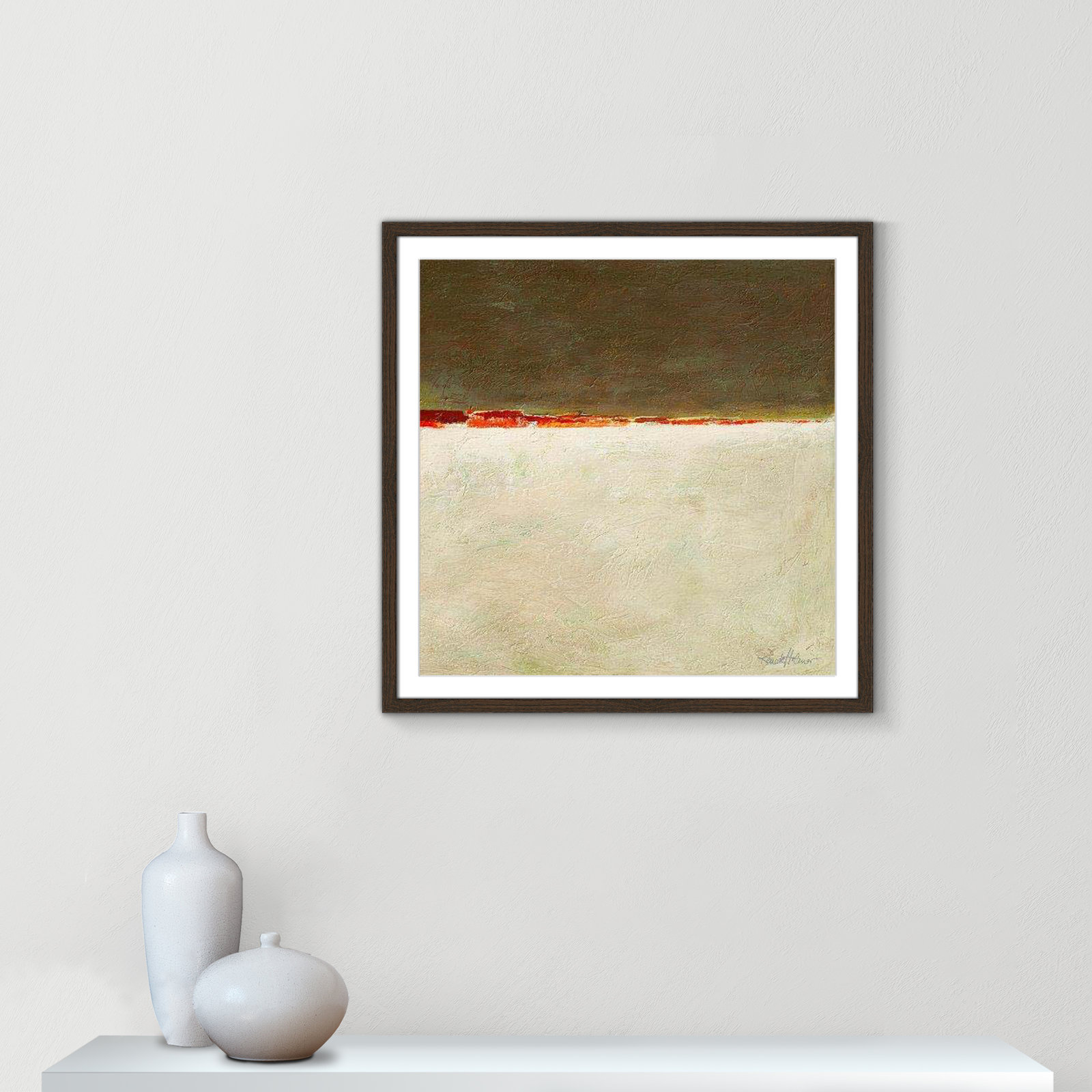 Orange Horizon I by Renate Holzner - Print, 27.5" H x 27.5" W x 0.75" D, Walnut Framed