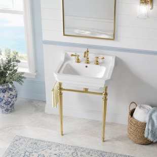 Freestanding Ceramic Vanity Set with Gold Metal Stand and Side Towel Bar