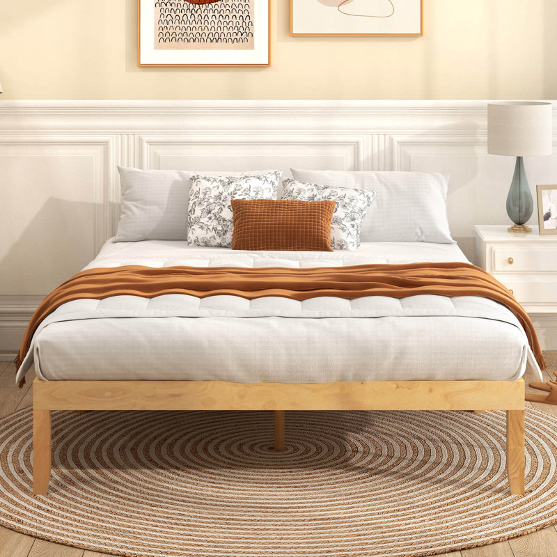 Base de lit plateforme en bois 14 po avec pieds en bois d'hévéa, Beige, Grand lit