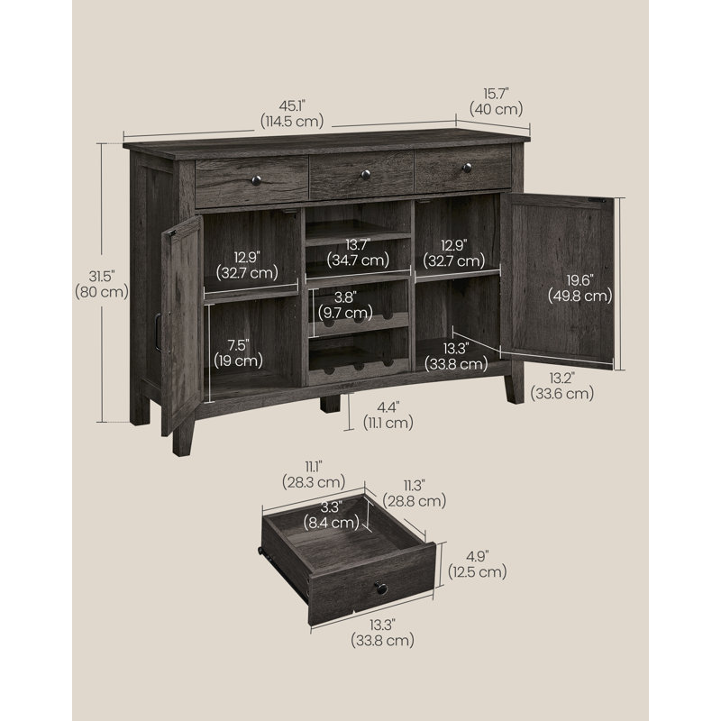 45.1" Gray Farmhouse Sideboard with Wine Rack and Storage