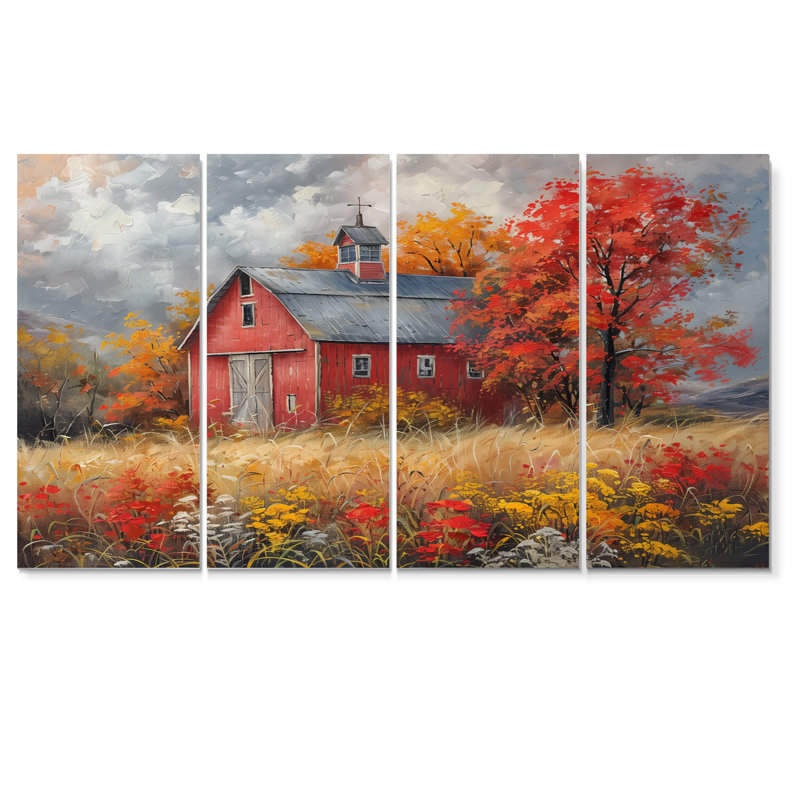 Ensemble de salon art mural d'automne avec grange rouge d'automne, H 32 po x l 64 po